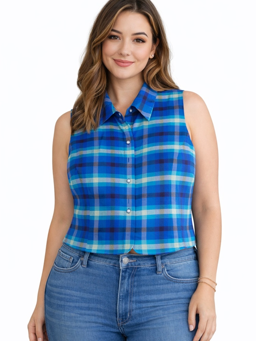 Blue Plaid Sleeveless Button-Front Women’s Top